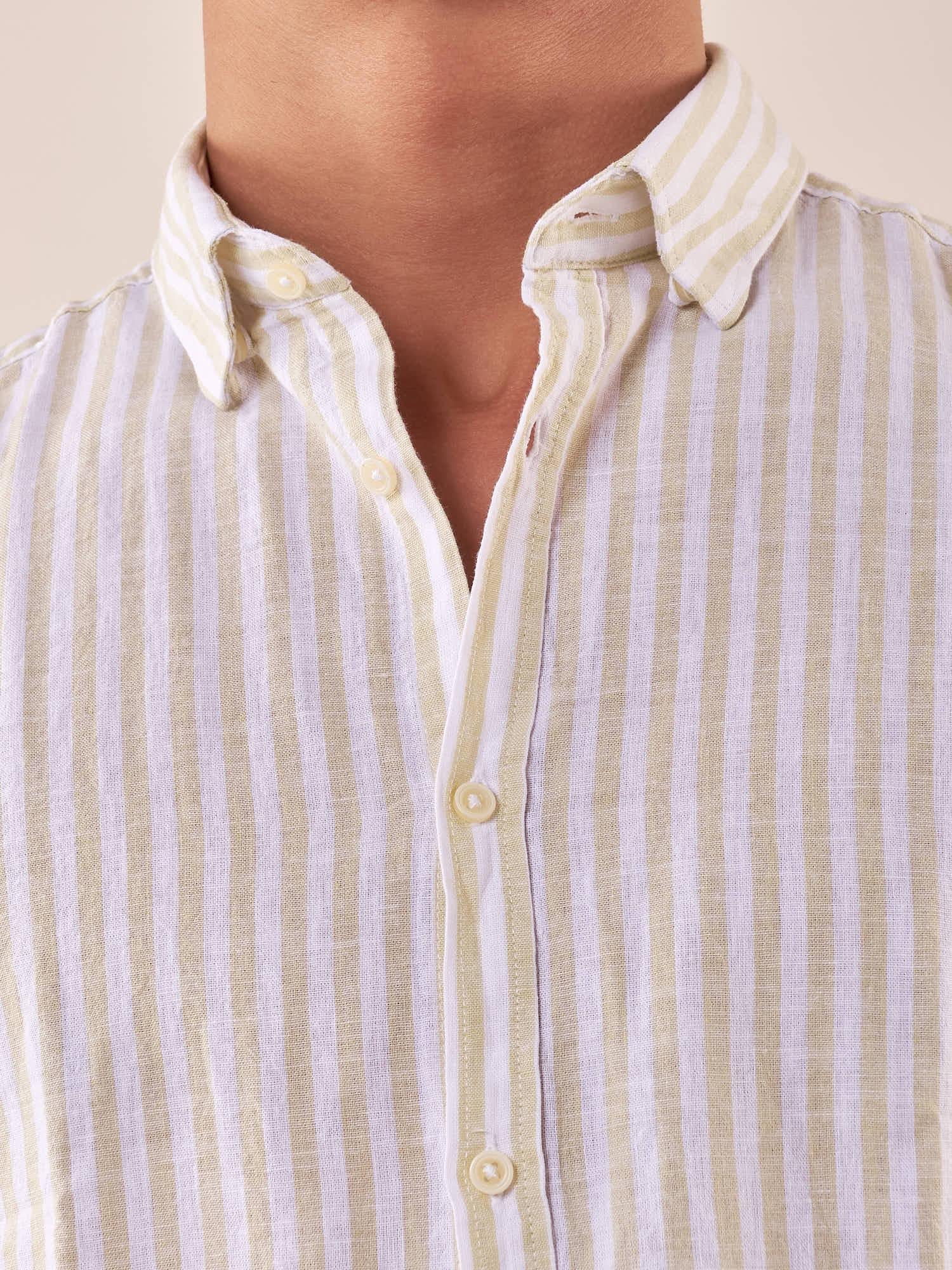 Camicia manica lunga rigata misto lino collo con bottoncino a scomparsa uomo. OC1S2S5C11 BAMBOO OVER-D 