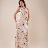 Abito giromanica  lungo in fantasia floreale donna AB002452 AVORIO/ROSA ARTIGLI 