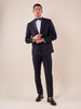 Classic formal suit with peak lapel jacket in satin for men.