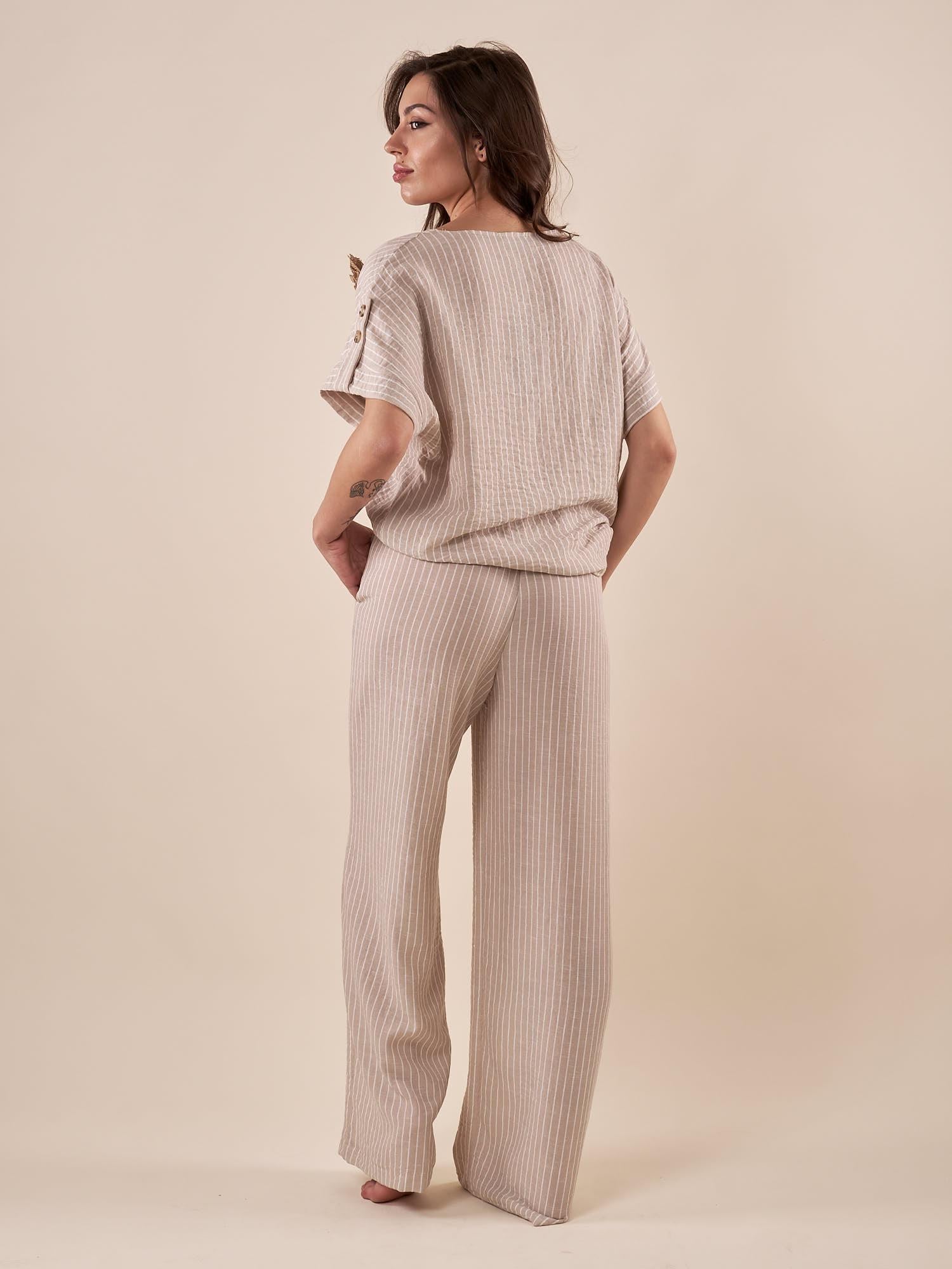 Pantalone Donna largo in tessuto rigato con cintura abbinata. PG419P/EST309EC BEIGE EXTASY 