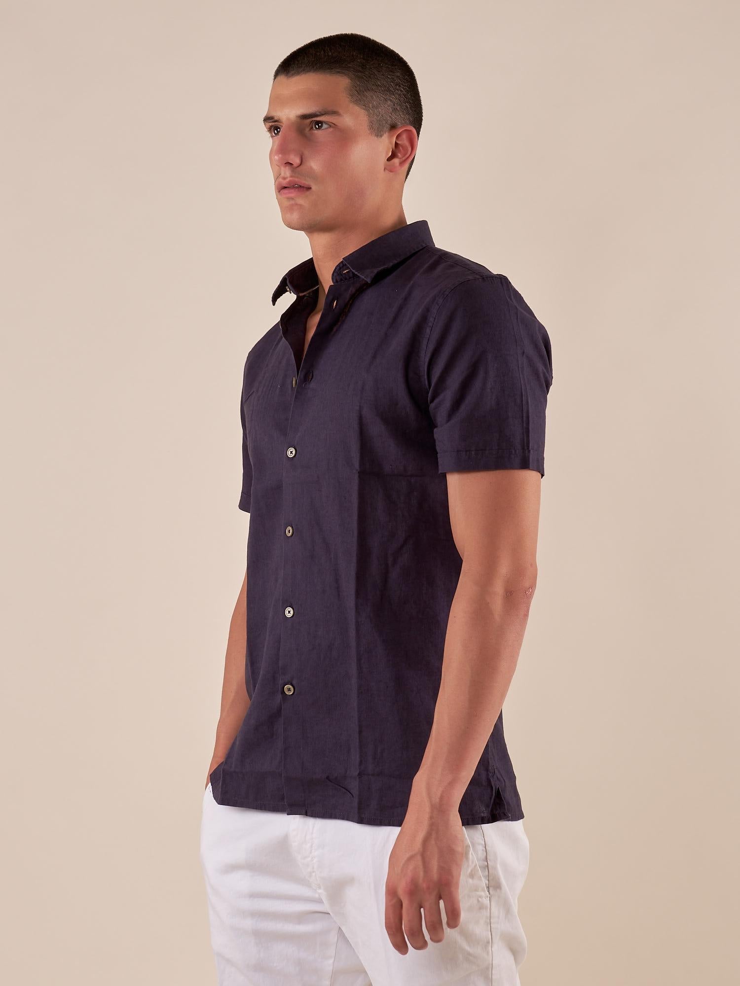 Camicia da uomo manica corta in misto lino. CE1261H BLU HAMAKI-HO 