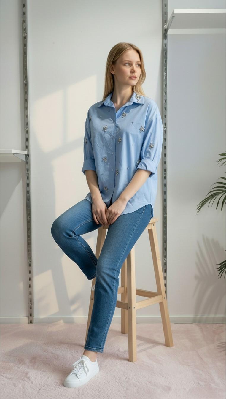 Camicia Donna in Cotone Manica Lunga Over Fit con Applicazione di Pietre R49/102958 CIELO EXTASY 