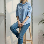 Camicia Donna in Cotone Manica Lunga Over Fit con Applicazione di Pietre R49/102958 CIELO EXTASY 