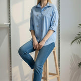 Camicia Donna in Cotone Manica Lunga Over Fit con Applicazione di Pietre R49/102958 CIELO EXTASY 