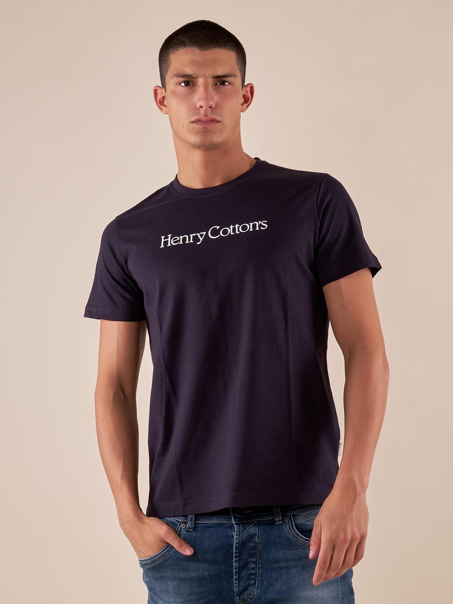 T-shirt Uomo manica corta in cotone 100% con logo stampato a contrasto TS616034 BLU Henry Cotton's 