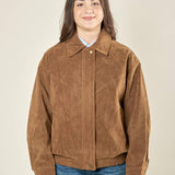 Bomber donna effetto scamosciato. Zip frontale, tasche a filetto e collo a camicia. HM2513 CAMEL FORGET-ME-NOT 