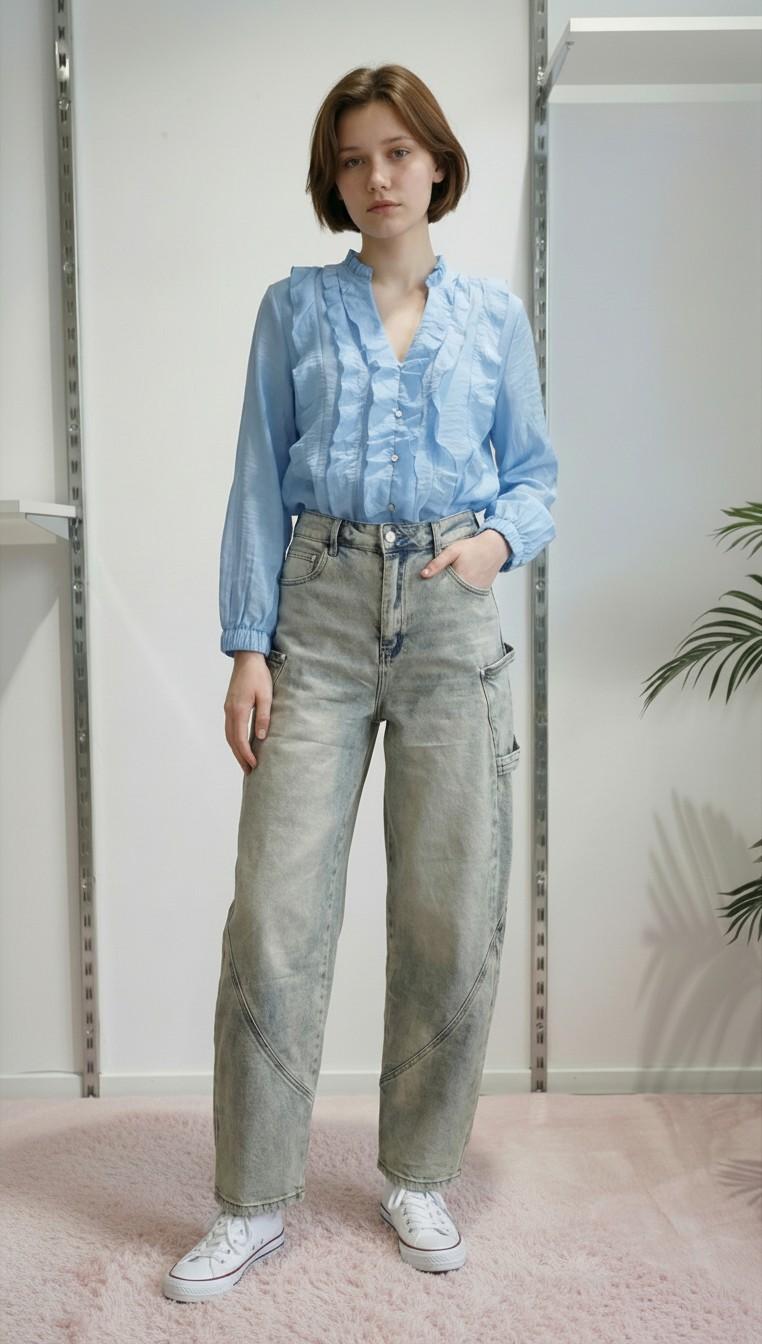 Camicia da donna a maniche lunghe con rouches PG120M POLVERE EXTASY 