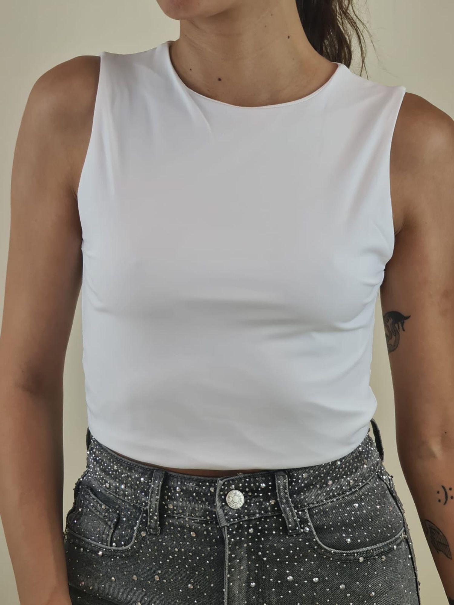 Top Donna Corto Basic a Spalla Larga Effetto Second Skin. F9121 BIANCO VINCE OTTO 