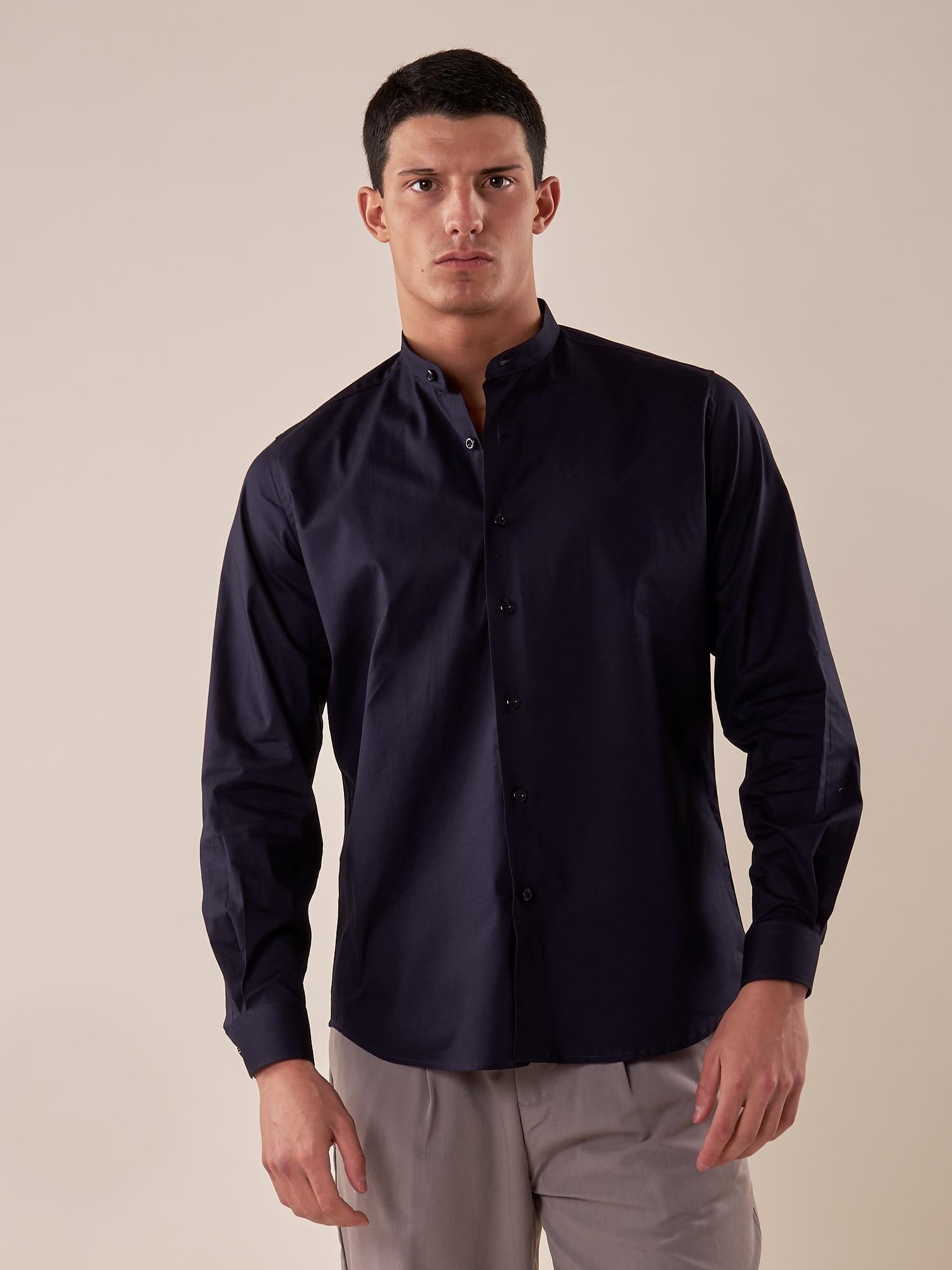 Camicia Manica lunga cotone elasticizzato modello alla coreana uomo. OC1S2S5C02 BLU OVER-D Uomo 