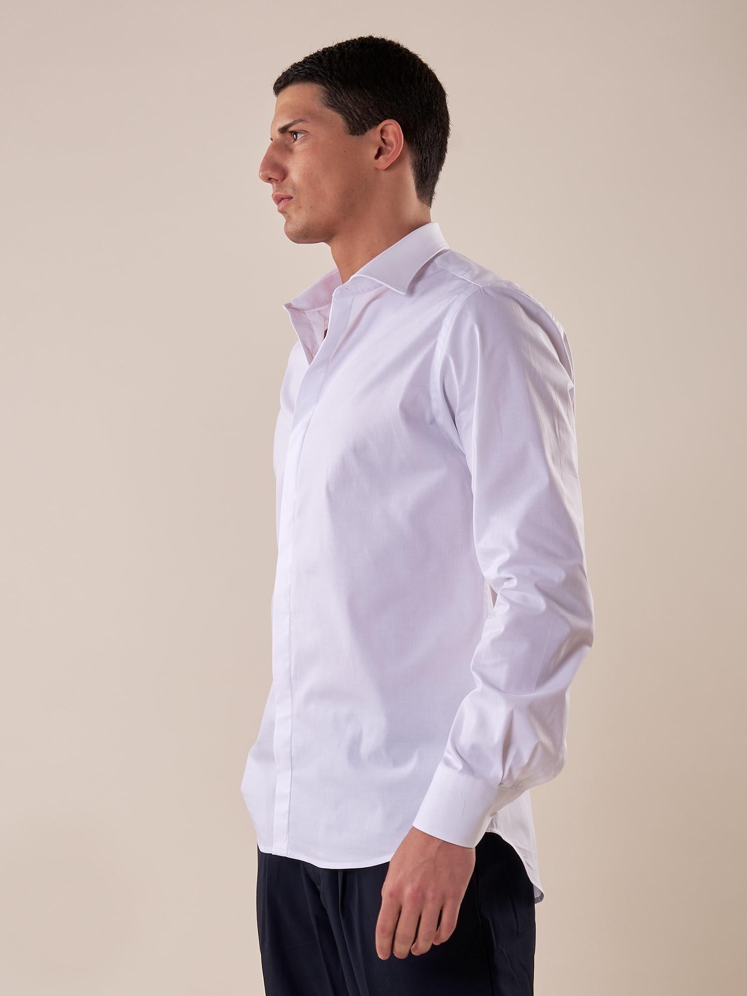 Camicia manica lunga stretch bottoni ricoperti slim con riprese. FBDERBY BIANCO FB Uomo 