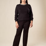 Maglia Donna Curvy Girocollo  Manica Lunga in Viscosa con Dettagli Gioiello. F897YBFJ7513 NERO Lizalù 