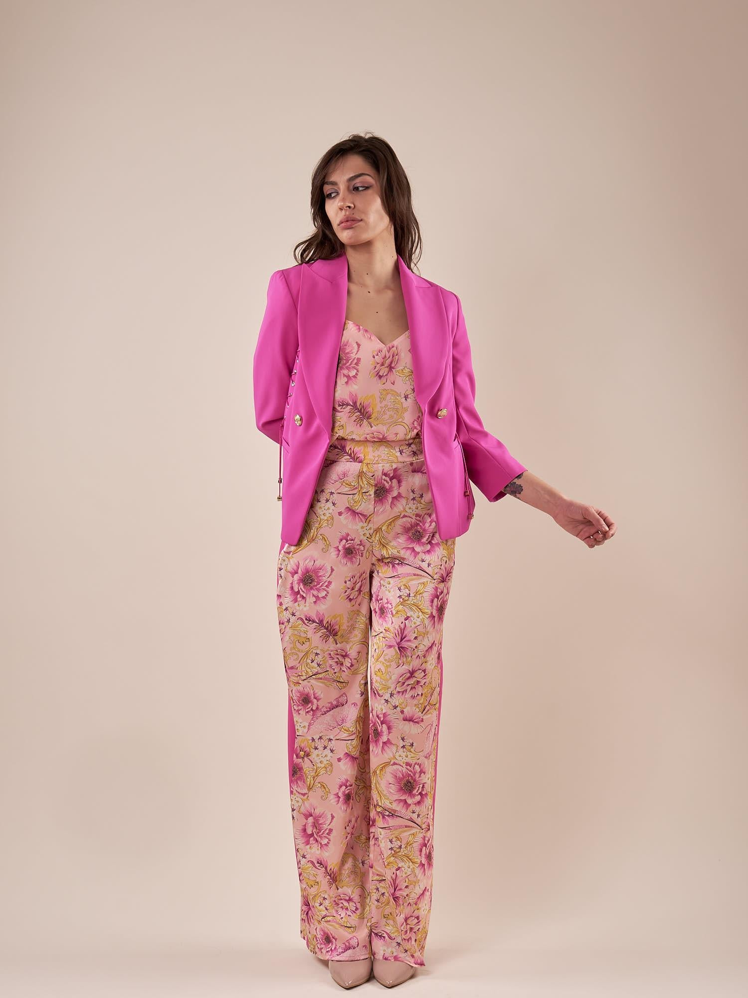 Pantalone in fantasia floreale e banda laterale in tinta unita donna. PA000943 ROSA ARTIGLI 