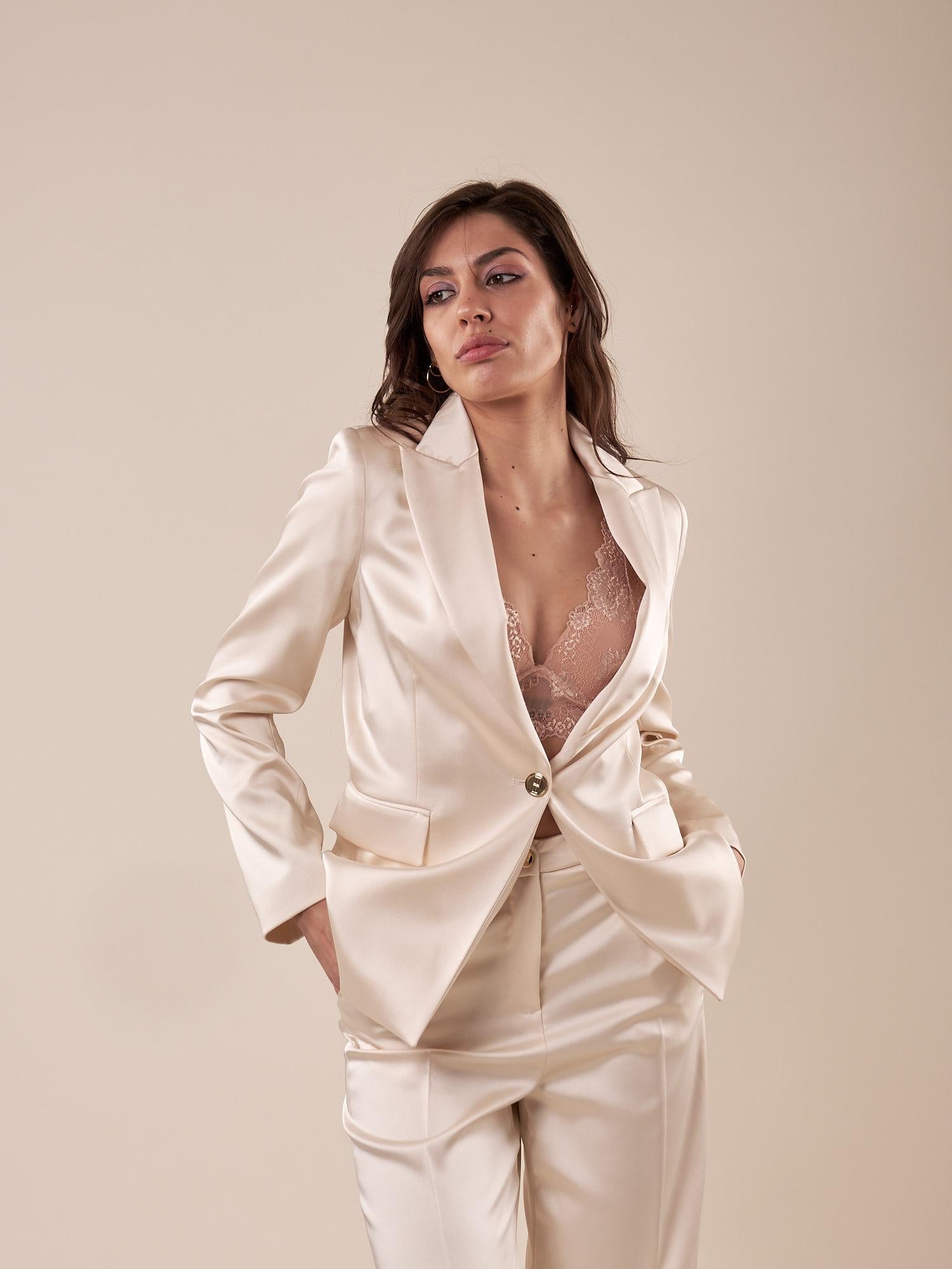 Giacca monopetto in tessuto raso manica lunga donna. GI000966 AVORIO ARTIGLI 