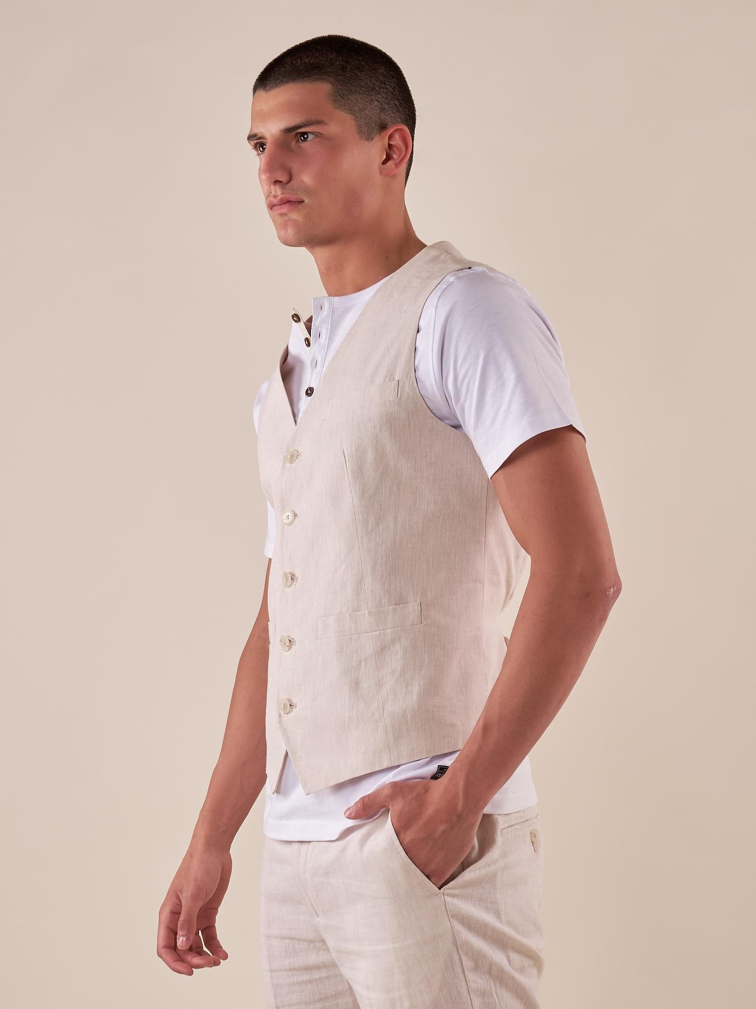 Gilet da Uomo in misto lino con tasca e taschino con friso. GLE01H BEIGE HAMAKI-HO 