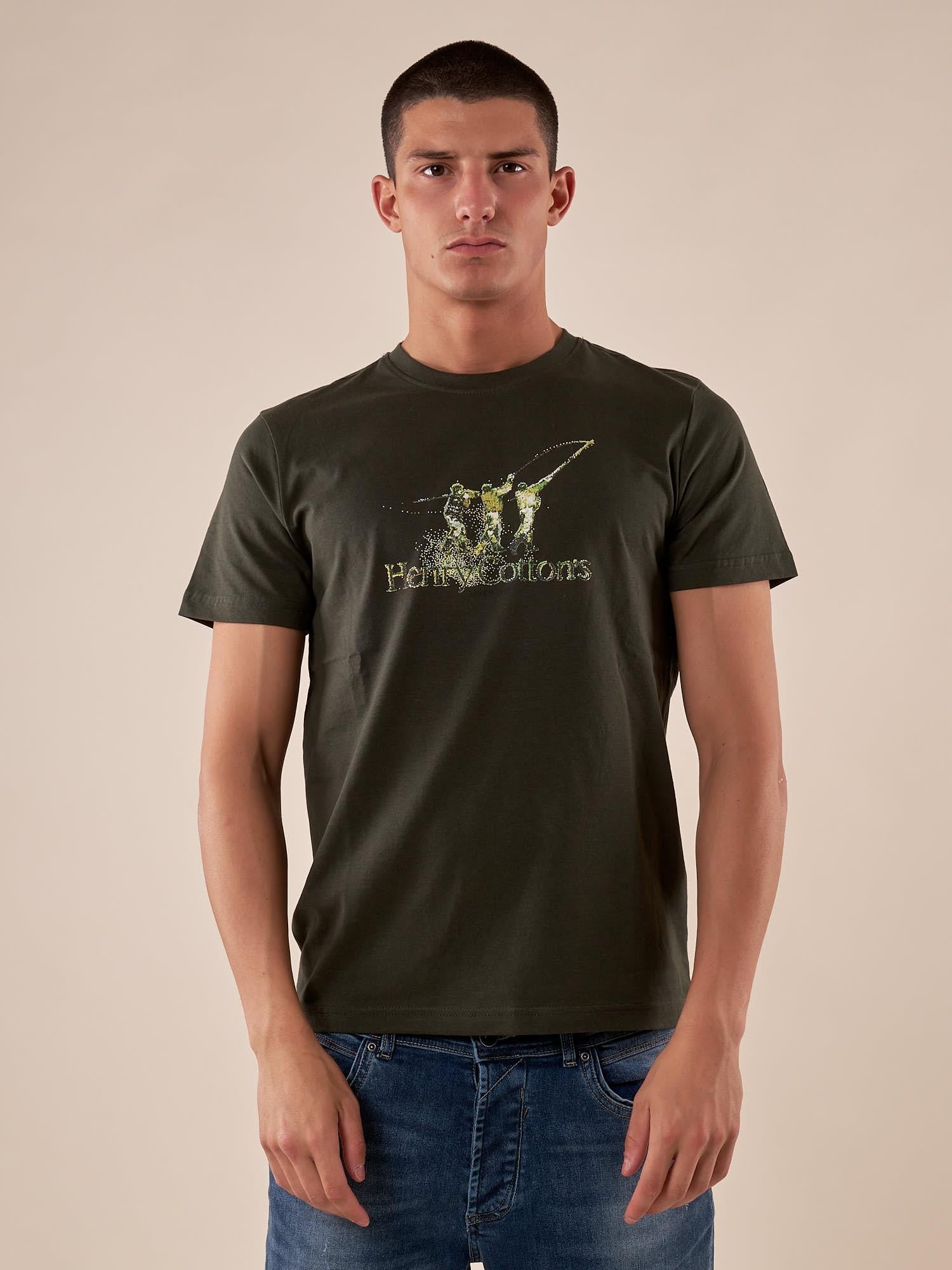 T-shirt Uomo manica corta in cotone 100% con logo stampato a contrasto TS616035 VERDE Henry Cotton's 