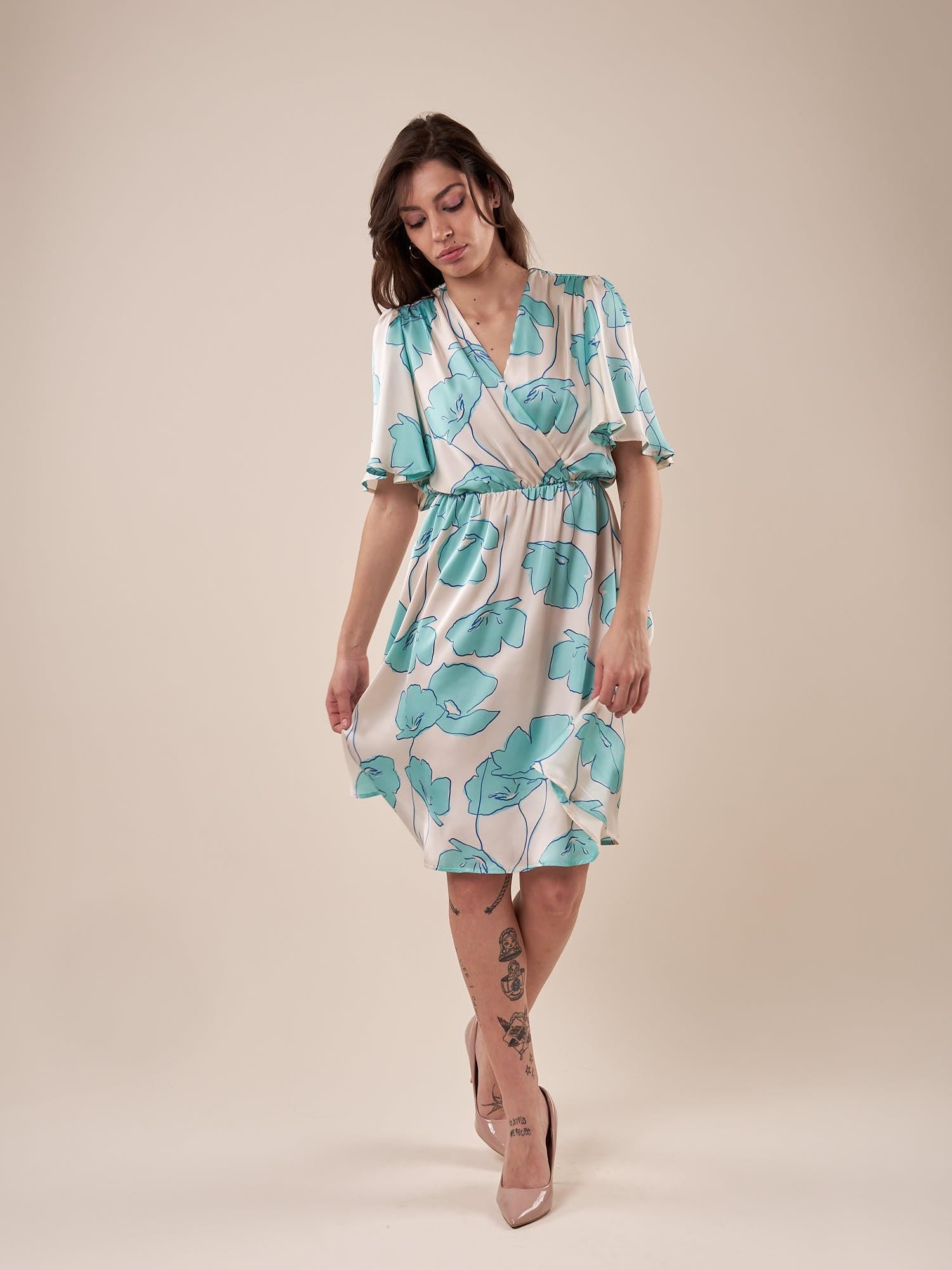 Abito corto in fantasia fiori con manica corta donna AB002519 PANNA/TIFFANY ARTIGLI 