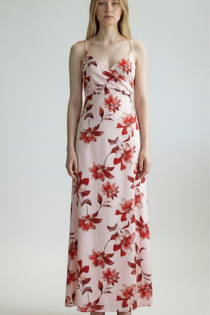 Abito Donna Lungo Elegante con Bretellina in Fantasia Floreale e Pannello Sovrapposto AB004380 CIPRIA/ROSSO ARTIGLI Donna 