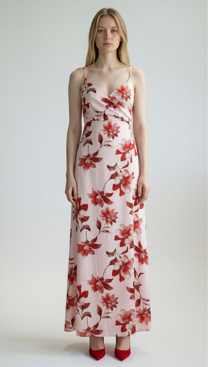 Abito Donna Lungo Elegante con Bretellina in Fantasia Floreale e Pannello Sovrapposto AB004380 CIPRIA/ROSSO ARTIGLI Donna 