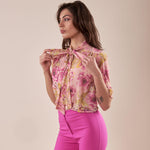 Camicia con fiocco manica corta fantasia floreale donna. CA000941 ROSA/GERAN ARTIGLI 