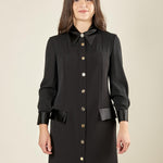Abito midi donna con abbottonatura frontale e dettagli in raso. Eleganza romantica e stile raffinato. AB003215 NERO ARTIGLI 