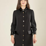 Abito midi donna con abbottonatura frontale e dettagli in raso. Eleganza romantica e stile raffinato. AB003215 NERO ARTIGLI 