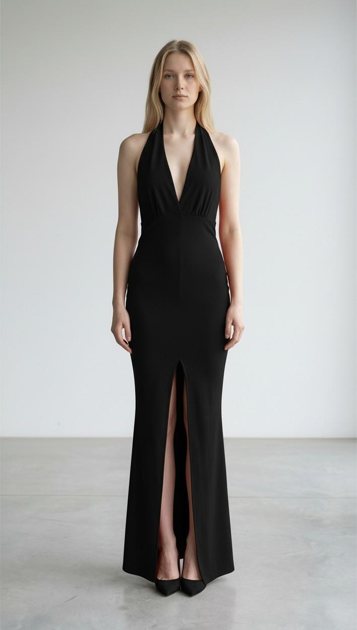 Abito Donna Lungo Elegante con Incrocio al Collo e Spacco Centrale AB004378 NERO ARTIGLI Donna 