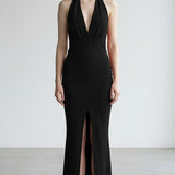 Abito Donna Lungo Elegante con Incrocio al Collo e Spacco Centrale AB004378 NERO ARTIGLI Donna 