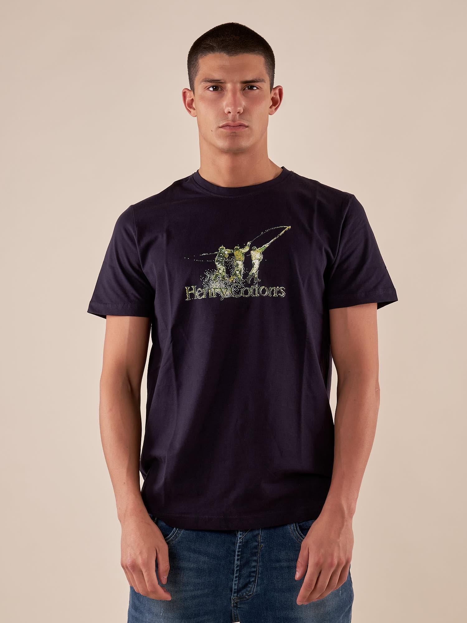 T-shirt Uomo manica corta in cotone 100% con logo stampato a contrastoa TS616035 BLU Henry Cotton's Uomo 