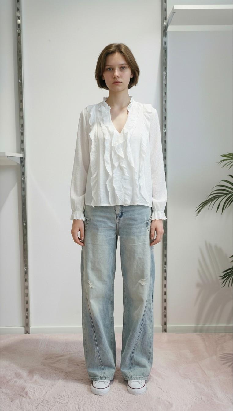 Camicia da donna a maniche lunghe con rouches PG120M BIANCO EXTASY 