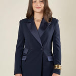 Giacca doppiopetto donna in scuba crepe con rever in raso.  Eleganza sartoriale e comfort moderno. GI003480 BLU ARTIGLI 