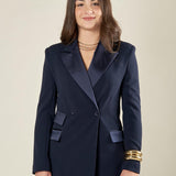 Giacca doppiopetto donna in scuba crepe con rever in raso.  Eleganza sartoriale e comfort moderno. GI003480 BLU ARTIGLI 