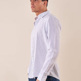 Camicia manica lunga rigata misto lino collo con bottoncino a scomparsa uomo. OC1S2S5C11 POLVERE OVER-D 