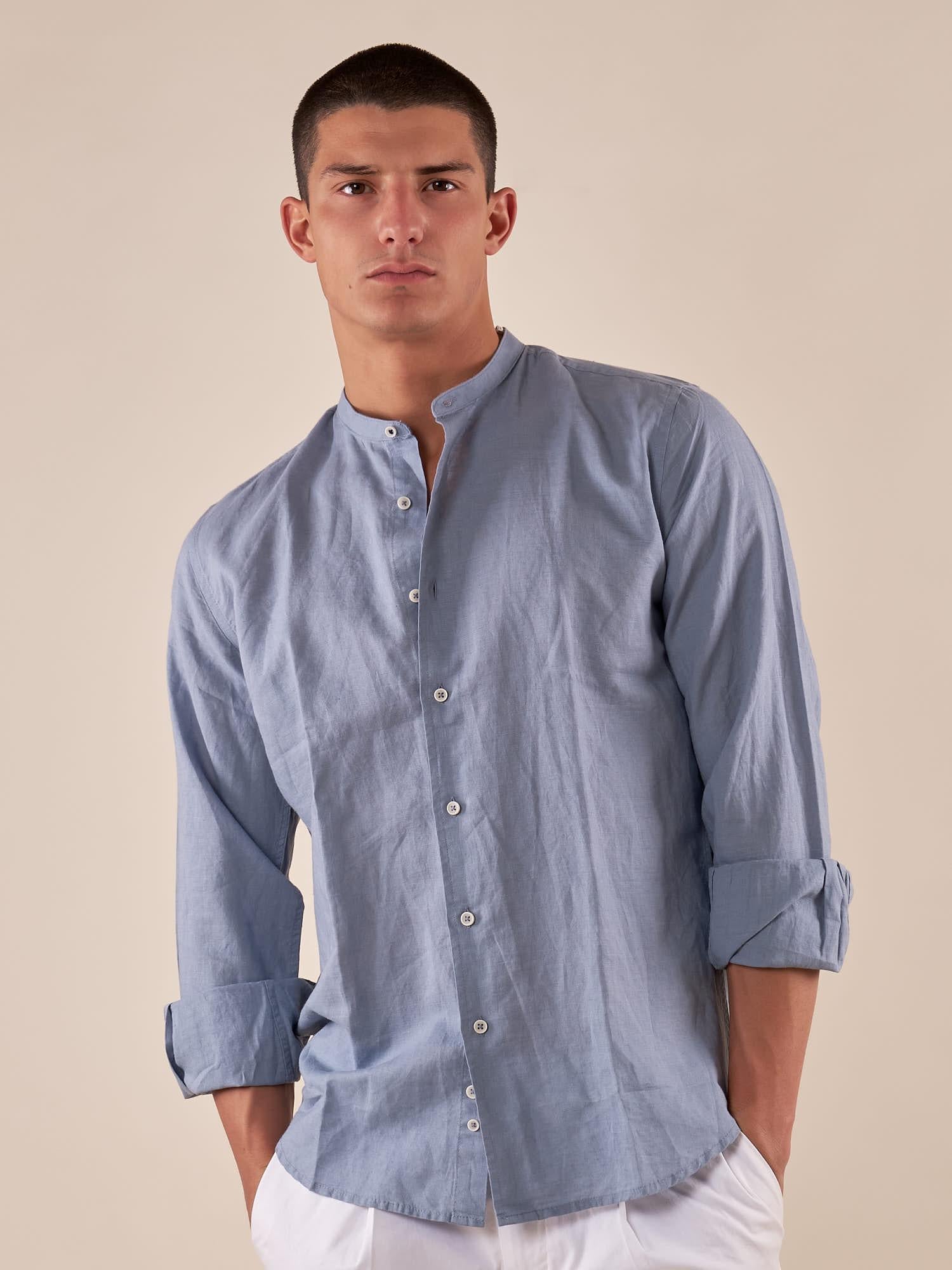 Camicia da uomo in lino e cotone a manica lunga con collo alla coreana. M49069 CIELO GUY 