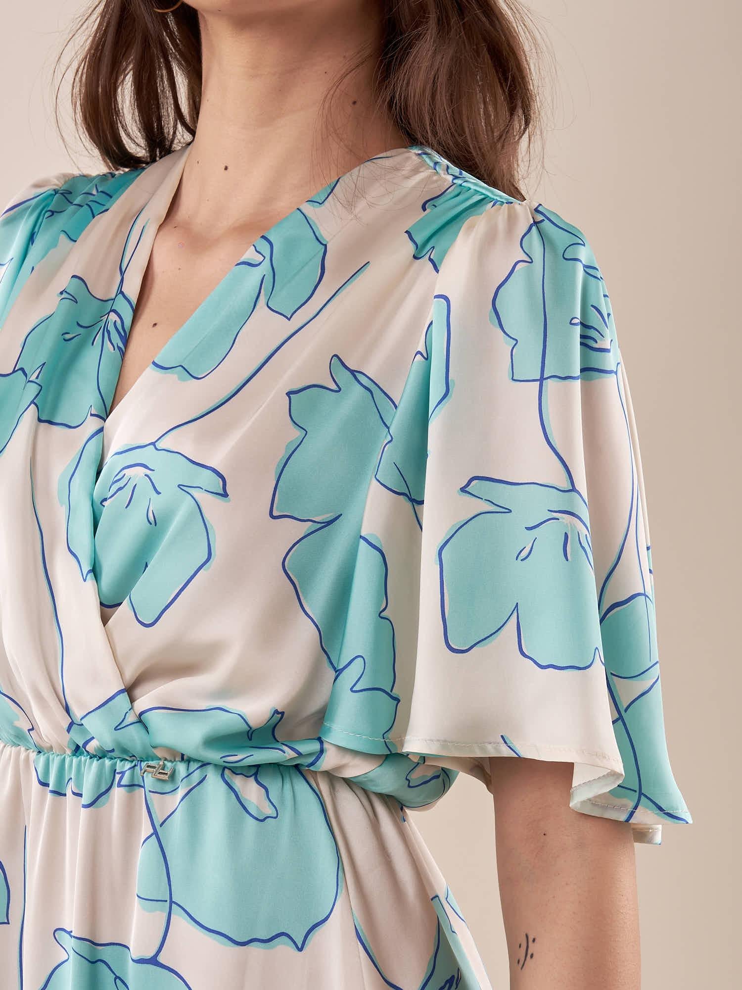 Abito corto in fantasia fiori con manica corta donna AB002519 PANNA/TIFFANY ARTIGLI 