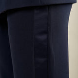 Pantalone palazzo donna in scuba crepe con bande laterali in raso. Eleganza fluida e comfort contemporaneo. PA003479 BLU ARTIGLI 