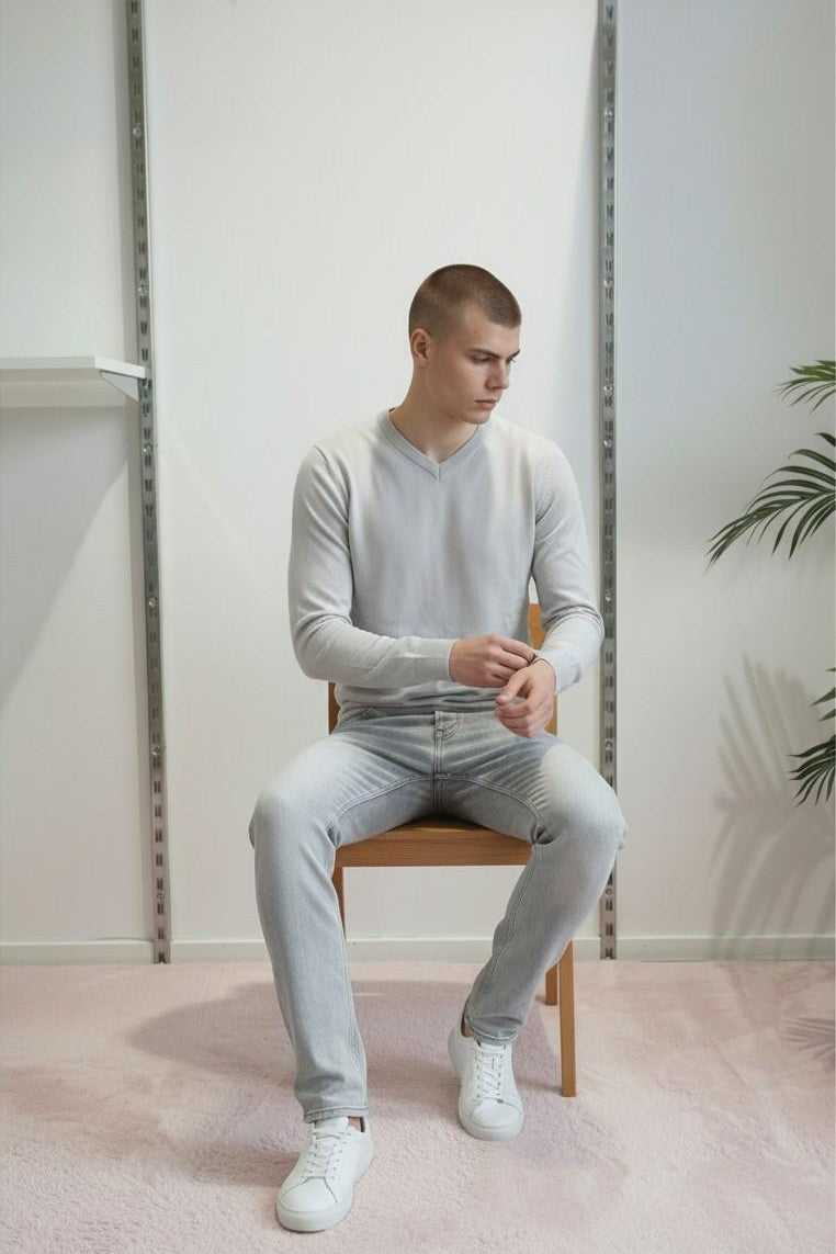Maglia Uomo 100% Cotone Scollo a V a Manica Lunga  Eleganza Essenziale e Comfort Naturale. CON3701900 ASH GREY CONSENSO Uomo 