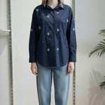 Camicia Donna in Cotone Manica Lunga Over Fit con Applicazione di Pietre R49/102958 BLU EXTASY 