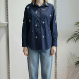 Camicia Donna in Cotone Manica Lunga Over Fit con Applicazione di Pietre R49/102958 BLU EXTASY 