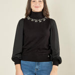 Maglia donna collo alto con pietre e maniche in georgette. MA003091 NERO ARTIGLI 