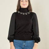 Maglia donna collo alto con pietre e maniche in georgette. MA003091 NERO ARTIGLI 