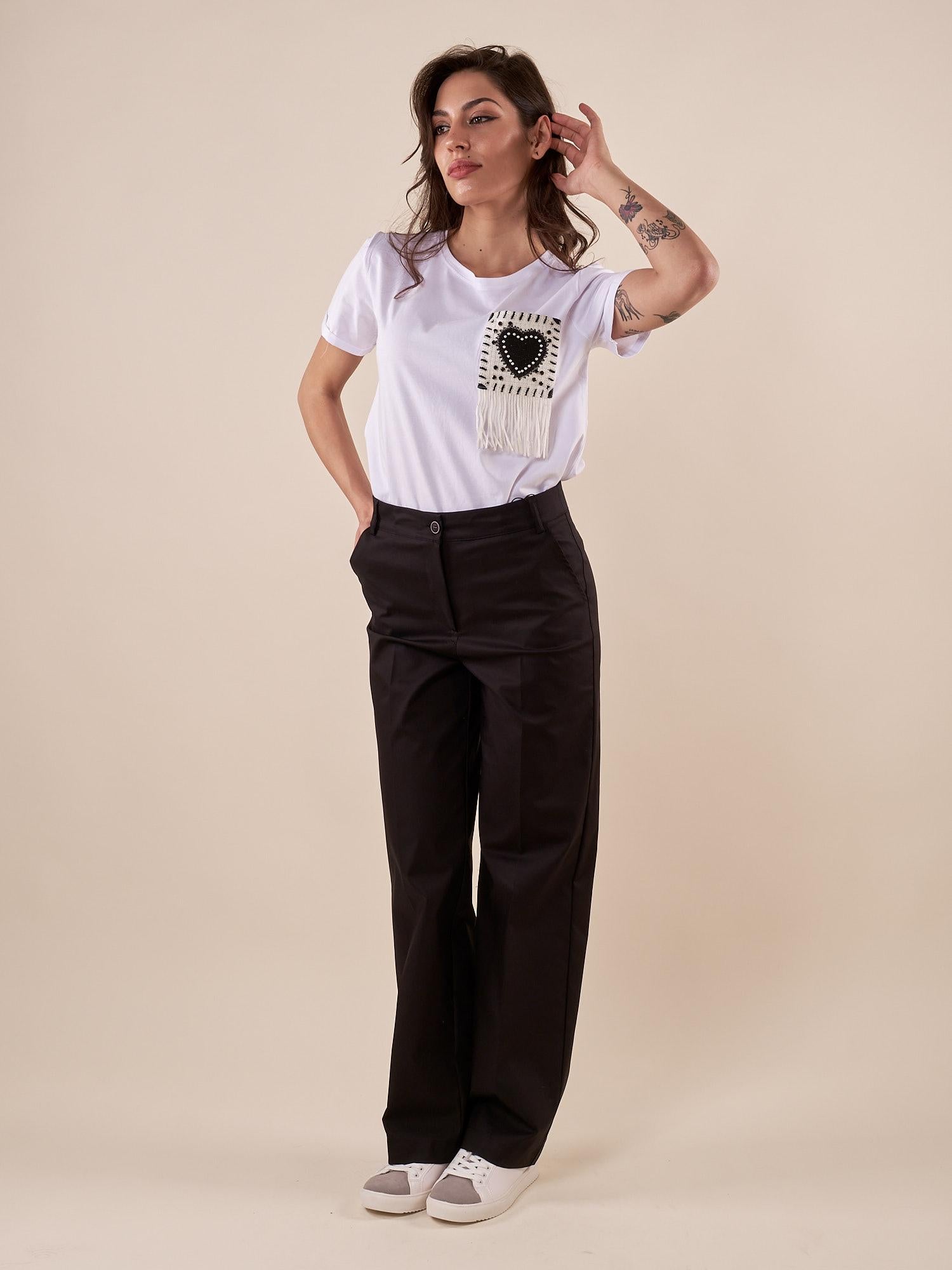 T-Shirt Donna manica corta tasca con applicazione. RJ77457EC BIANCO/NERO BLUOLTRE 
