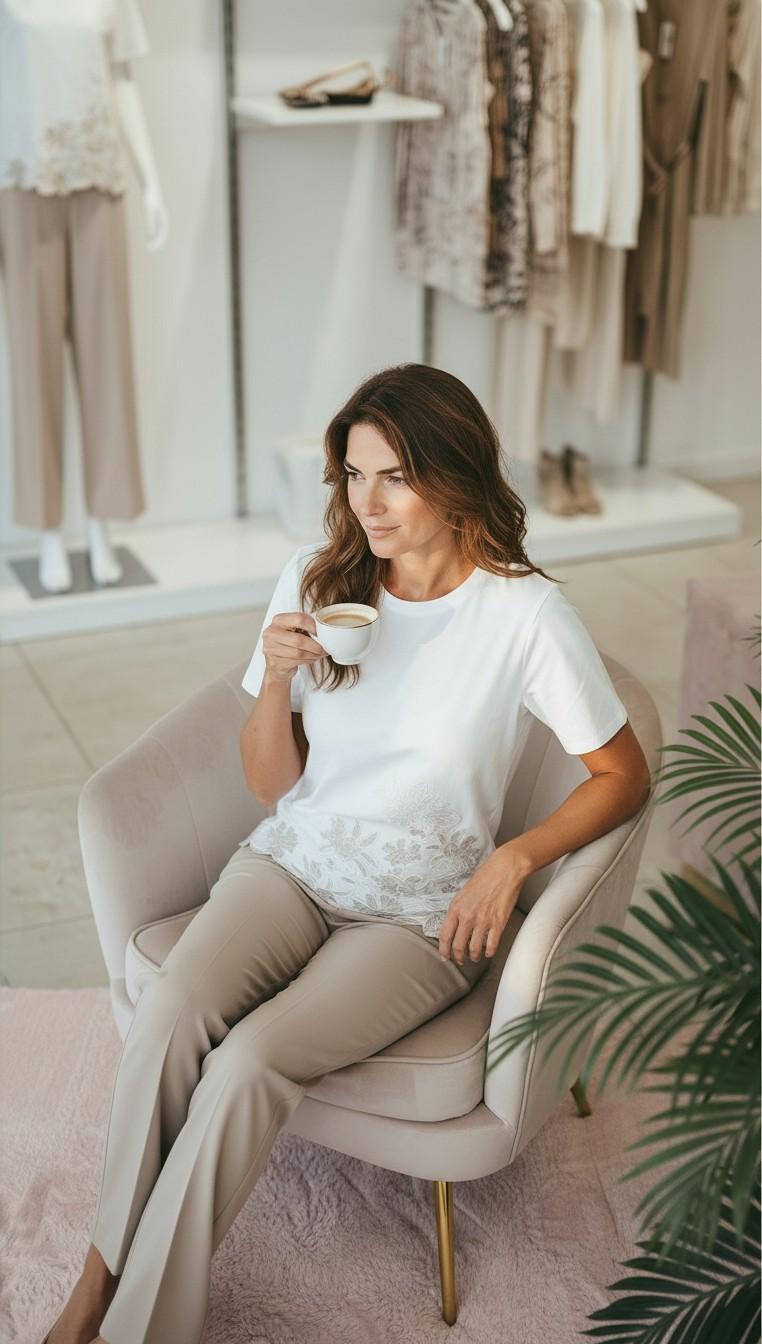 T-Shirt Donna in Cotone Elasticizzato con Ricamo Floreale. TS004896 PANNA ARTIGLI 