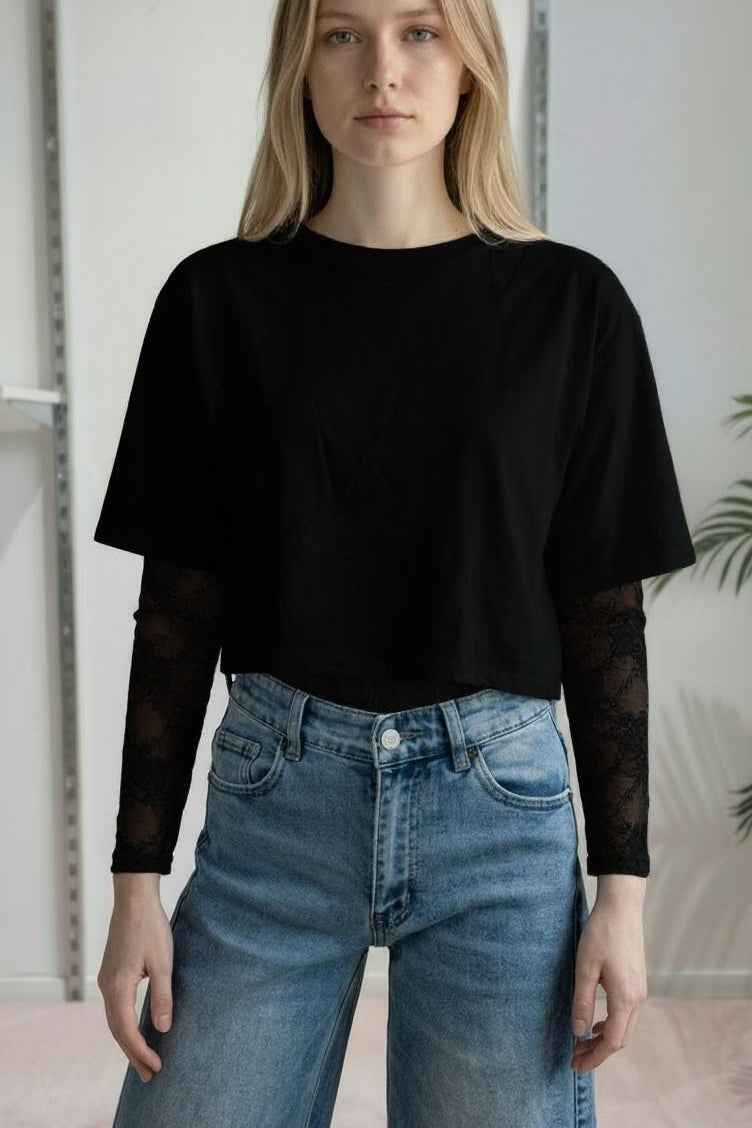 T-shirt Donna Manica Corta Ampia con Body in Pizzo a Manica Lunga 76372 NERO VINCE OTTO 