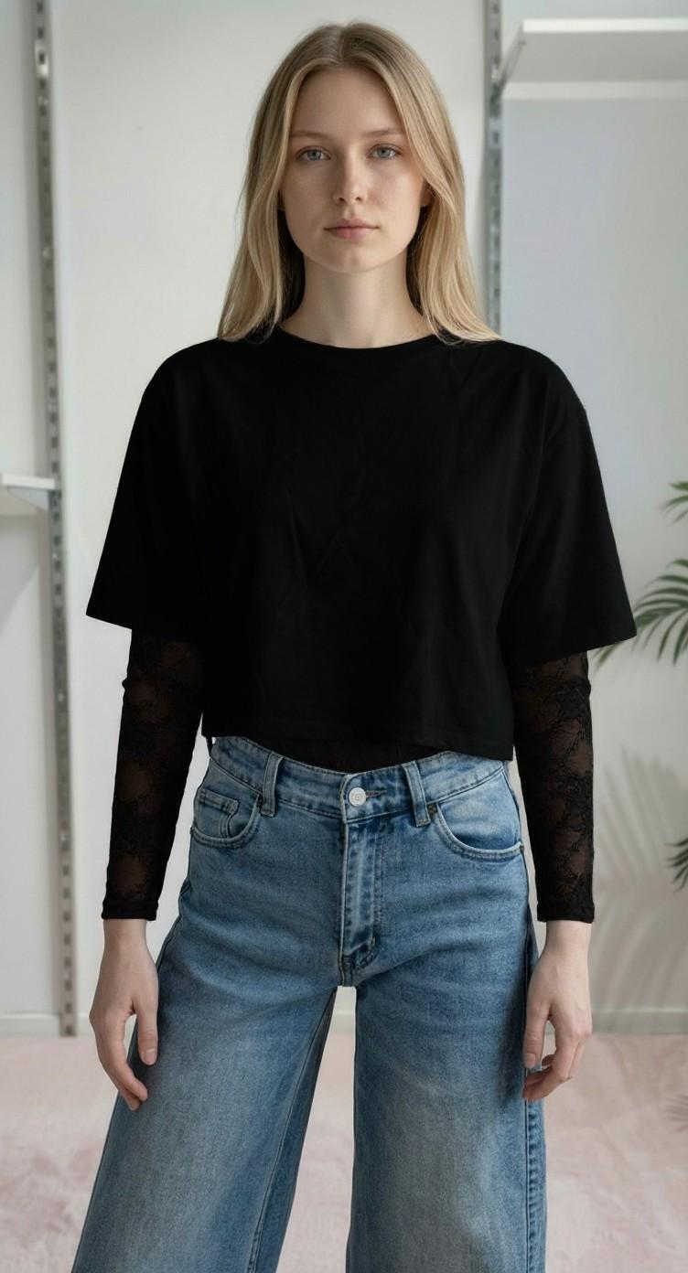 T-shirt Donna Manica Corta Ampia con Body in Pizzo a Manica Lunga 76372 NERO VINCE OTTO 