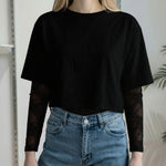 T-shirt Donna Manica Corta Ampia con Body in Pizzo a Manica Lunga 76372 NERO VINCE OTTO 