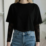 T-shirt Donna Manica Corta Ampia con Body in Pizzo a Manica Lunga 76372 NERO VINCE OTTO 