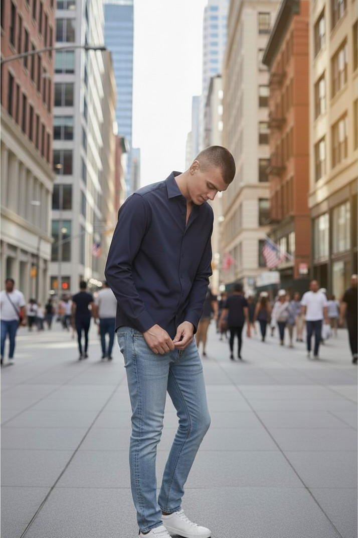 Camicia Uomo No Stiro in Jersey Ultra Stretch Manica Lunga. CON5413426 NAVY CONSENSO 