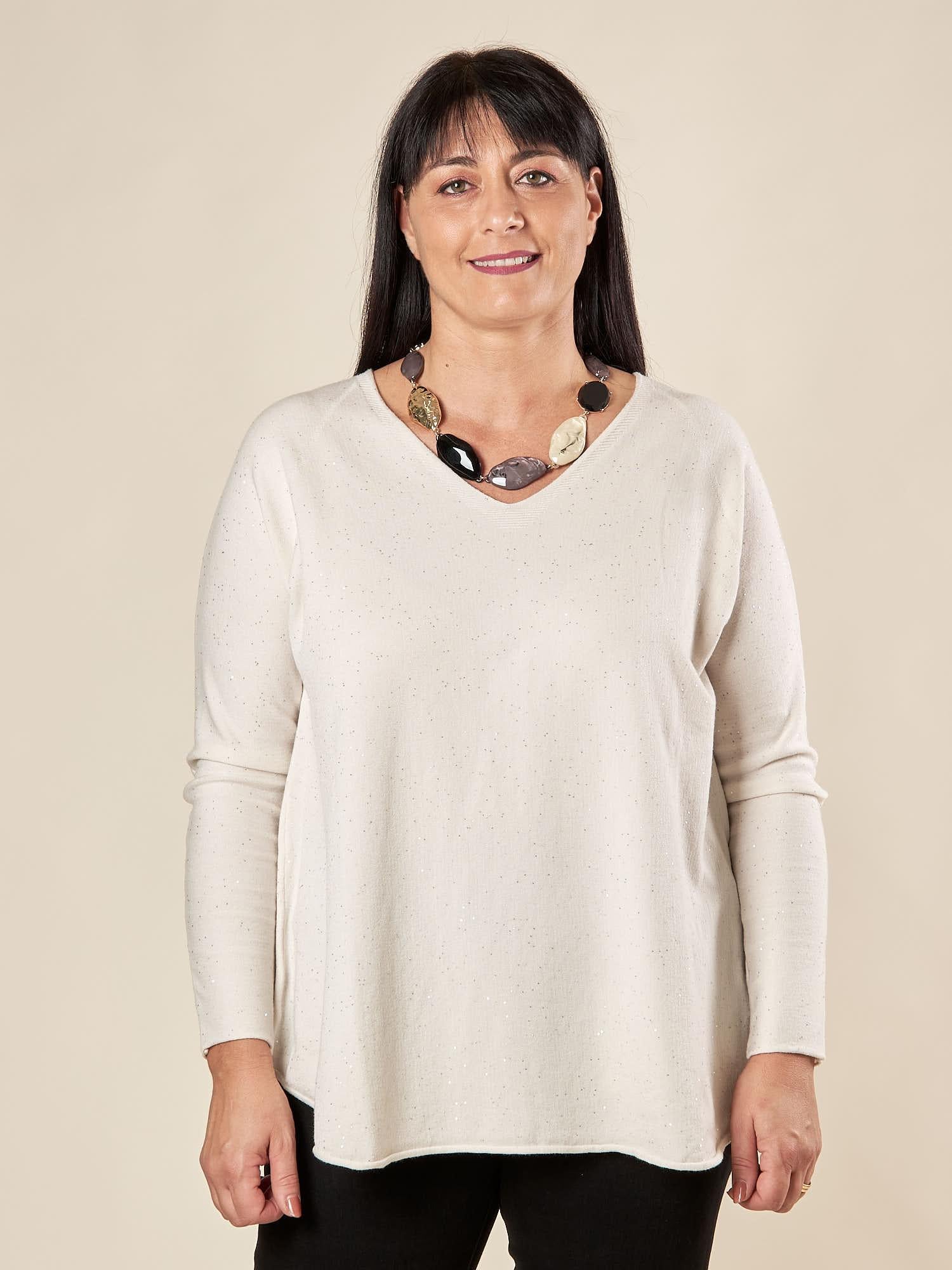 Maglia Donna Curvy in Viscosa  Scollo a V, Manica Raglan e Micro Paillettes Tono su Tono. F768YBFAZ23804 CREMA Lizalù 