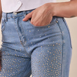 Jeans Donna palazzo con risvolto alto e brillantini. AMR/C3722/BEC DENIM EXTASY 