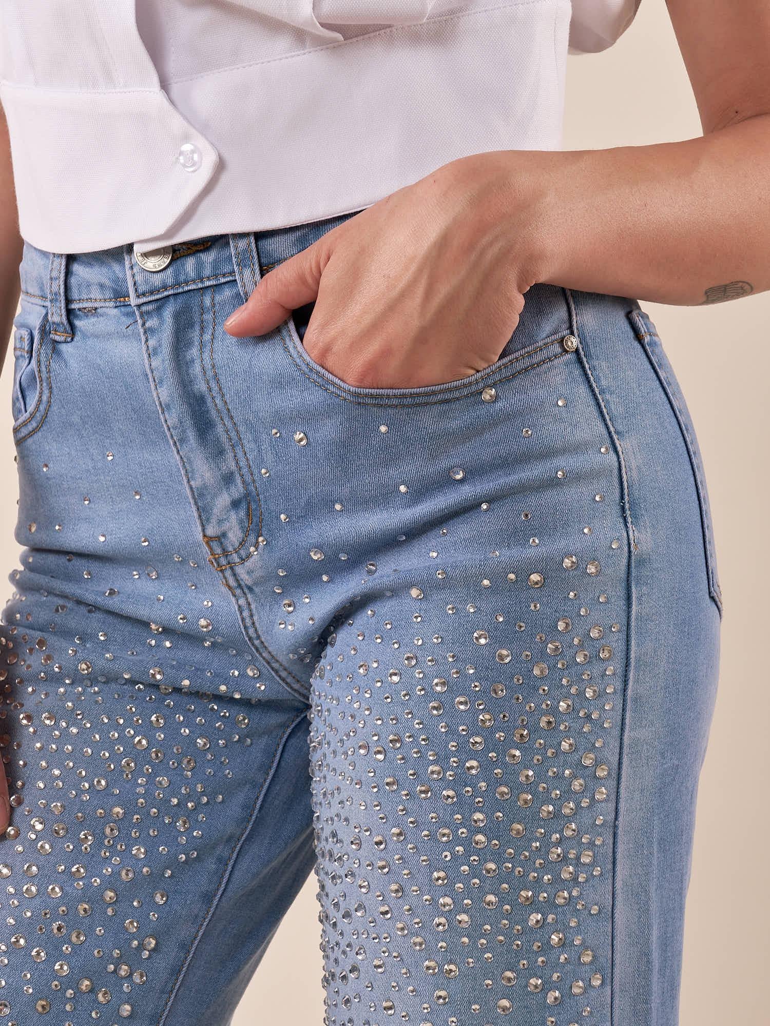 Jeans Donna palazzo con risvolto alto e brillantini. AMR/C3722/BEC DENIM EXTASY 